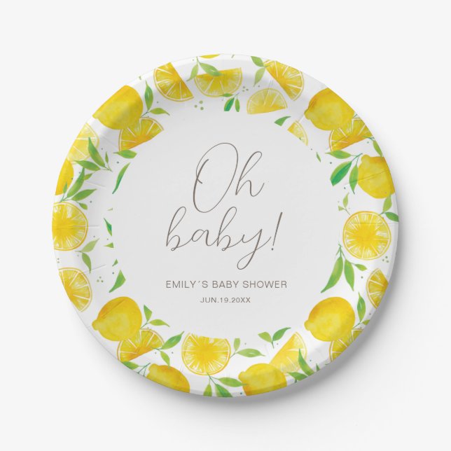 Assiettes En Carton Baby shower d'été de l'aquarelle citron (Devant)