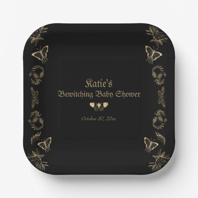 Assiettes En Carton Baby shower d'Halloween gothique victorien sombre (Recto)