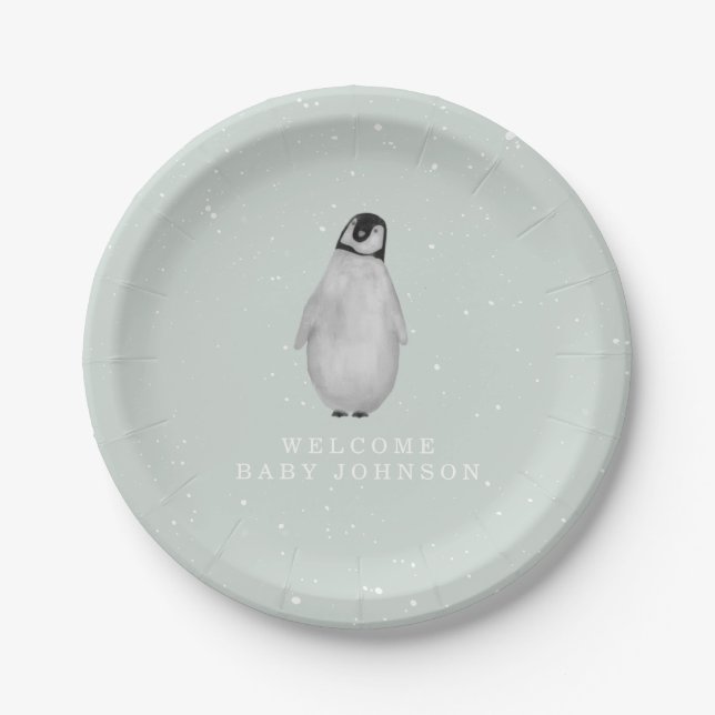 Assiettes En Carton Baby shower d'hiver bleu pingouin bébé (Devant)