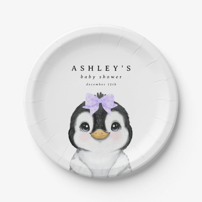 Assiettes En Carton Baby shower d'hiver de Pingouin mignon (Devant)