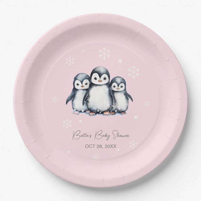 Assiettes En Carton Baby shower d'hiver de Pingouin mignon (Devant)