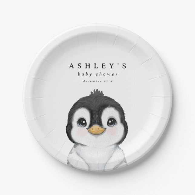 Assiettes En Carton Baby shower d'hiver de Pingouin mignon (Devant)