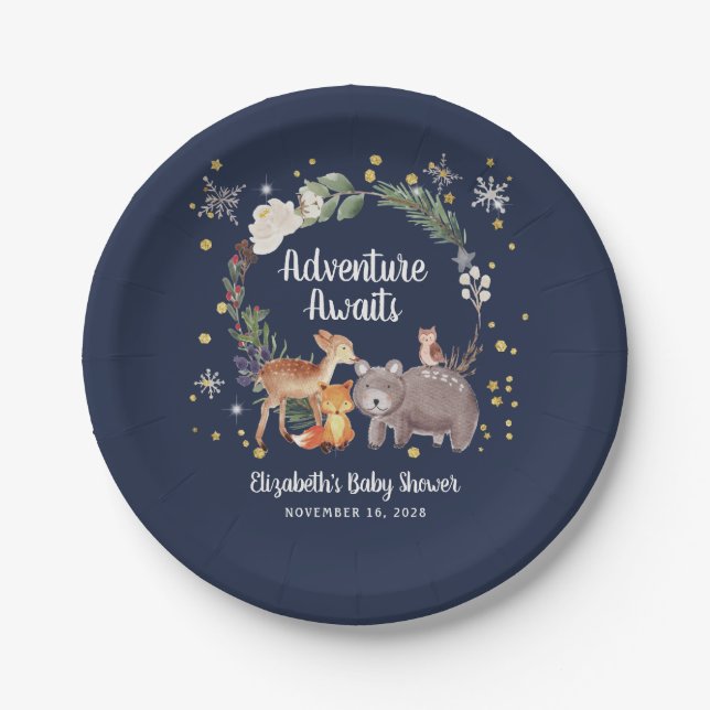 Assiettes En Carton Baby shower d'hiver des animaux des bois (Devant)