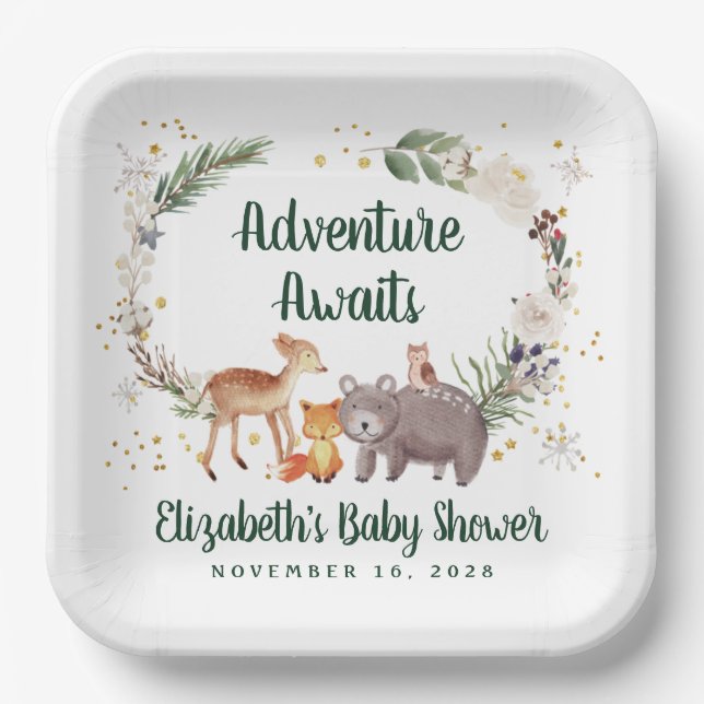 Assiettes En Carton Baby shower d'hiver des animaux rustiques en bois (Recto)