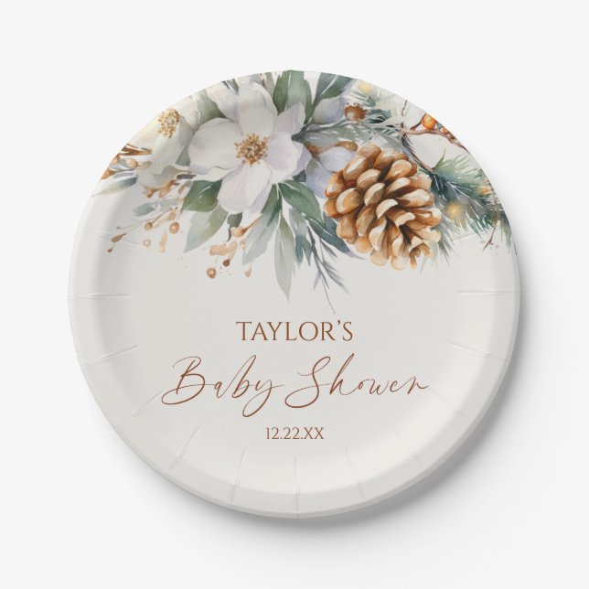 Assiettes En Carton Baby shower d'hiver Floral Pine Tree (Devant)