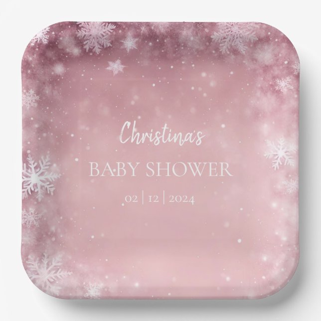 Assiettes En Carton Baby shower d'hiver rose fille (Recto)