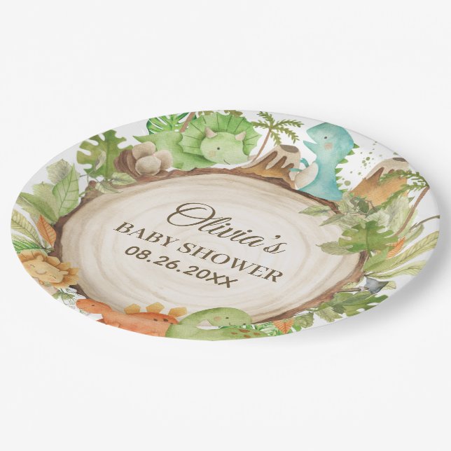 Assiettes En Carton Baby shower Dinosaure sympa mignon Anniversaire (Angle)