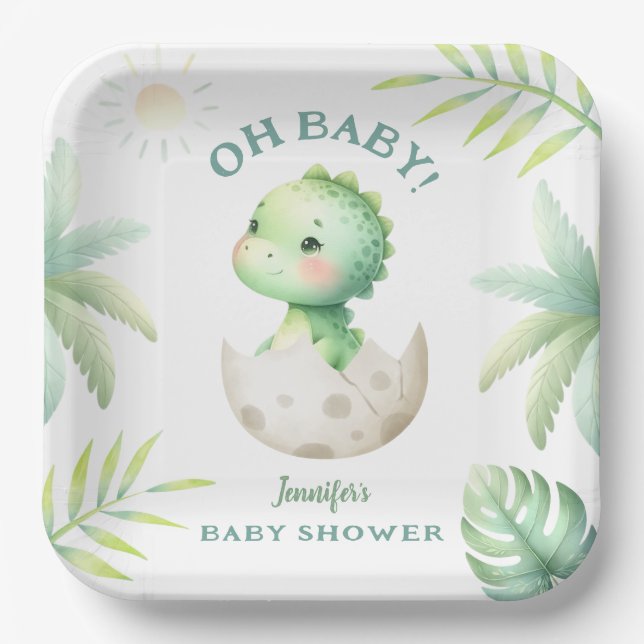 Assiettes En Carton Baby shower Dinosaure Tropical Cute Dino (Recto)
