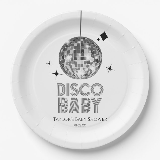 Assiettes En Carton Baby shower Disco Ball 'Disco Baby' en argent (Devant)