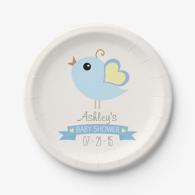 Assiettes En Carton Baby shower d'oiseaux bleu et jaune (Devant)
