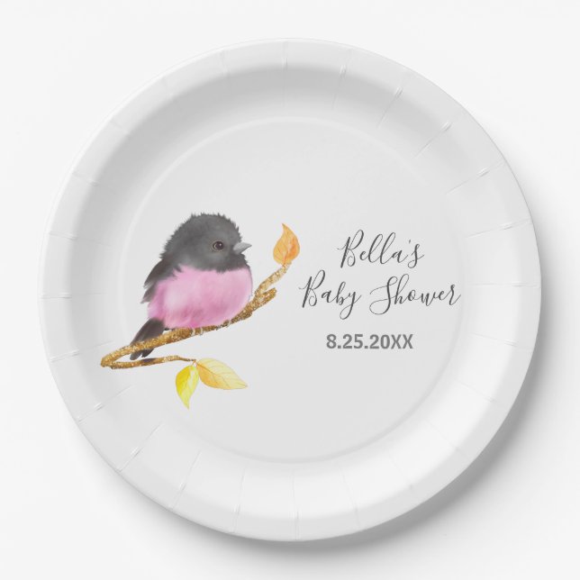 Assiettes En Carton Baby shower d'oiseaux roses Robin (Devant)