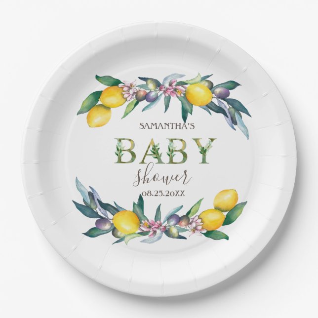 Assiettes En Carton Baby shower d'olives aux citrons d'aquarelle (Devant)