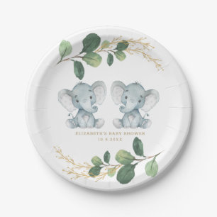 Assiettes En Carton Baby shower d'or moderne Twin Elephant Green