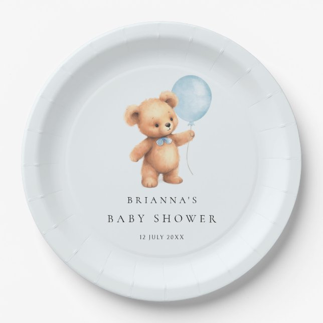 Assiettes En Carton Baby shower d'ours à ballon bleu (Devant)