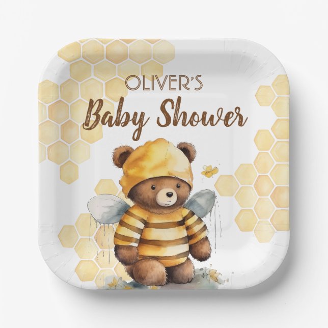 Assiettes En Carton Baby shower d'ours en peluche miel et brun (Recto)