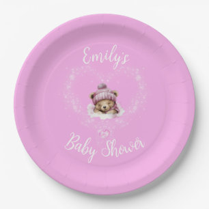 Assiettes En Carton Baby shower d'ours en peluche rose enneigé