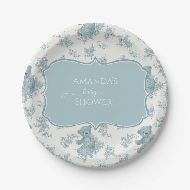 Assiettes En Carton Baby shower d'ours et de lapin en toile française (Devant)