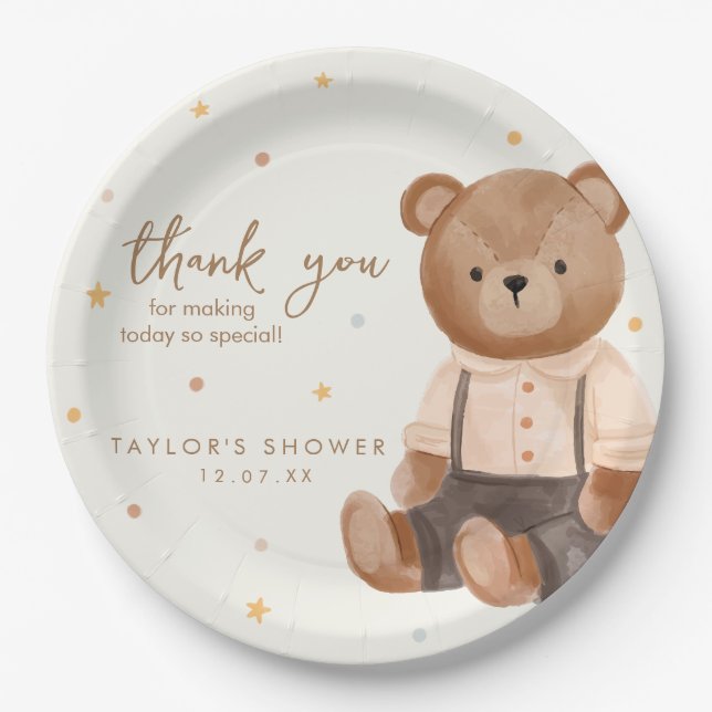 Assiettes En Carton Baby shower d'ours rustique Aquarelle (Devant)