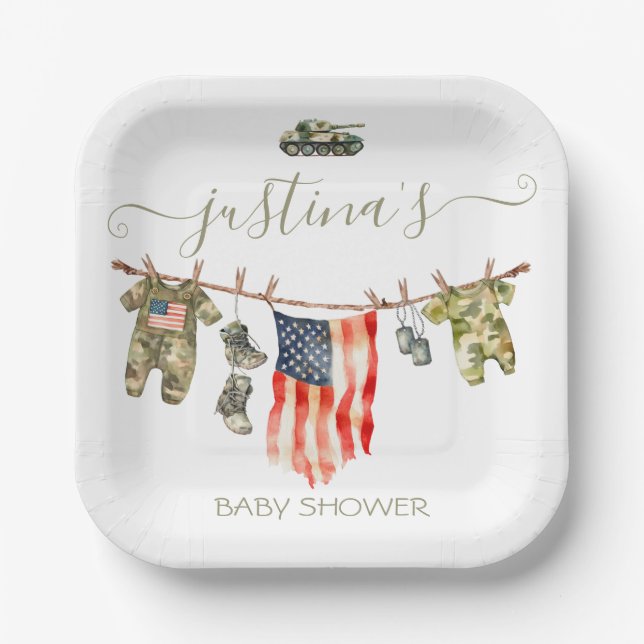 Assiettes En Carton Baby shower du drapeau américain de l'armée (Recto)
