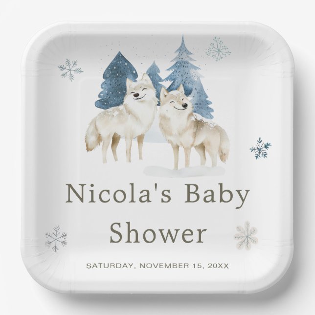Assiettes En Carton Baby shower du loup arctique d'hiver (Recto)