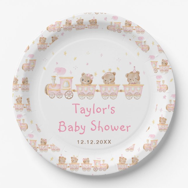 Assiettes En Carton Baby shower du train Bear Pink (Devant)
