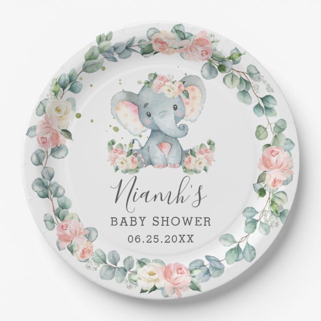 Assiettes En Carton Baby shower éléphant Anniversaire Floral Greenery  (Devant)