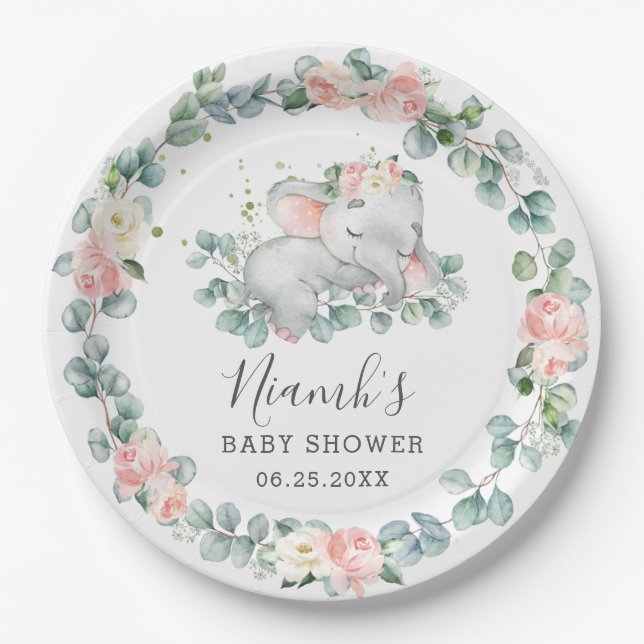 Assiettes En Carton Baby shower éléphant Anniversaire Floral Greenery  (Devant)