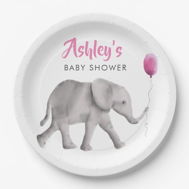 Assiettes En Carton Baby shower éléphant bébé, éléphant et ballon rose (Devant)