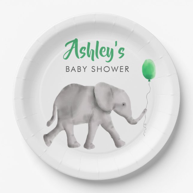 Assiettes En Carton Baby shower éléphant bébé éléphant et ballon vert (Devant)