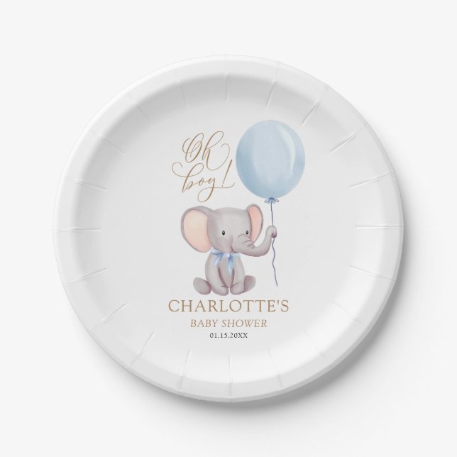 Assiettes En Carton Baby shower éléphant bleu garçon personnalisé (Devant)
