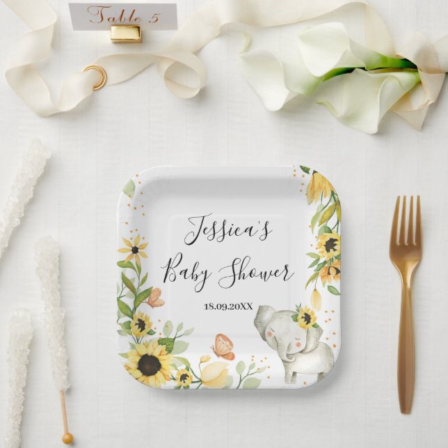 Assiettes En Carton Baby shower éléphant de couronne de tournesol (Mariage)