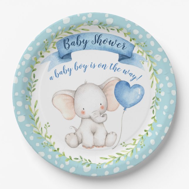 Assiettes En Carton Baby shower éléphant Garçon en Aquarelle Bleu PLAQ (Devant)
