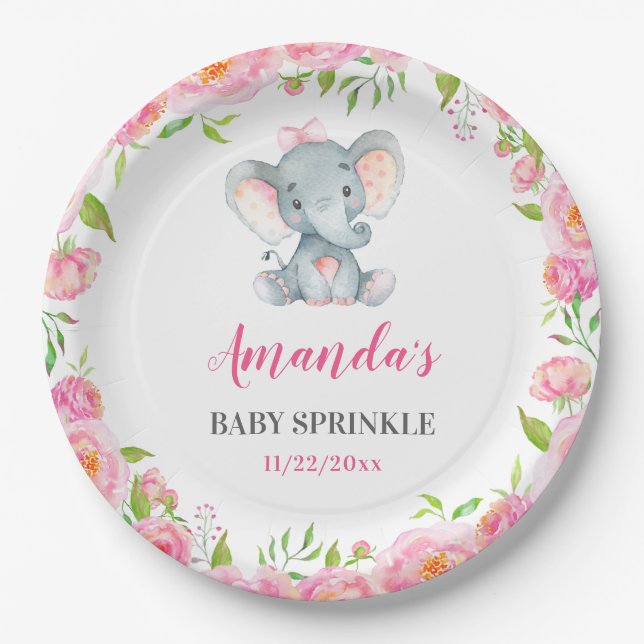 Assiettes En Carton Baby shower Eléphant Petit Arachide Fille Sprinké (Devant)