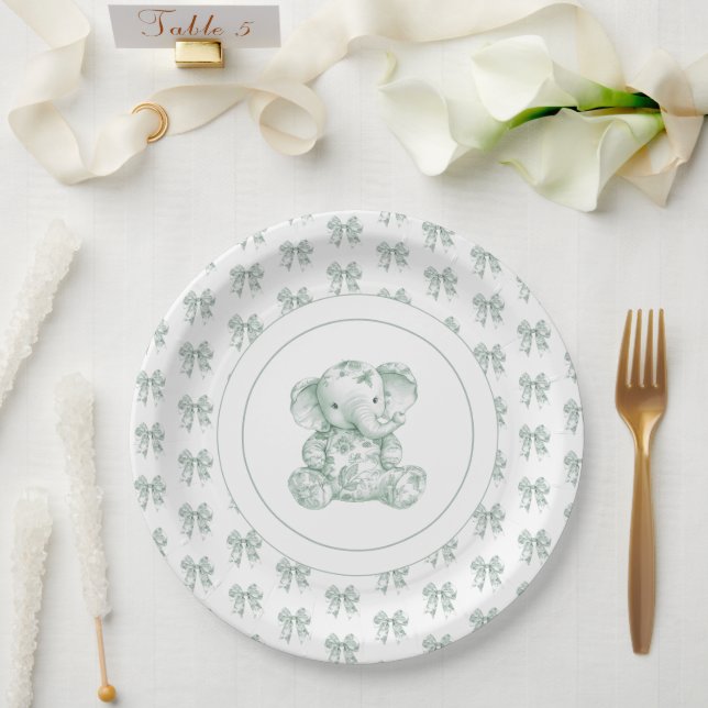 Assiettes En Carton Baby shower Eléphant Toile Verte (Mariage)