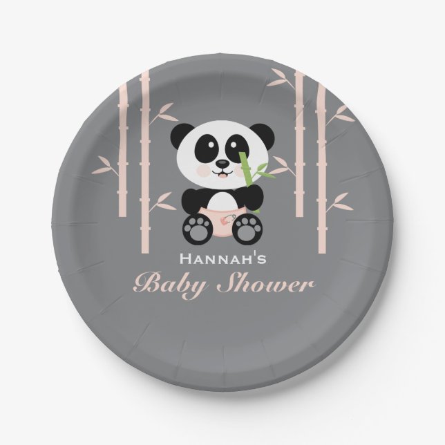 Assiettes En Carton Baby shower en bambou rose de panda (Devant)