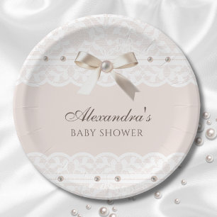 Assiettes En Carton Baby shower en dentelle rose Pearl Satin Bow
