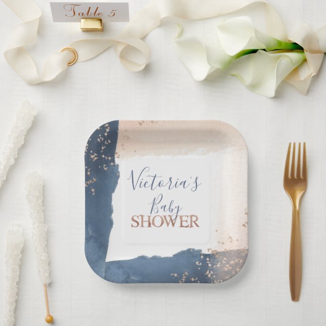 Assiettes En Carton Baby shower en or Blush de la Marine (Mariage)