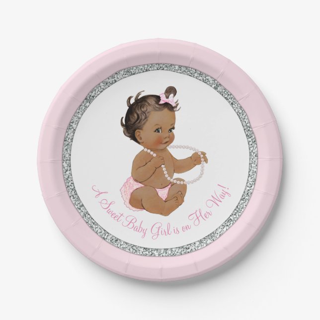 Assiettes En Carton Baby shower ethnique de fille rose argent gris Pea (Devant)