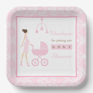 Assiettes En Carton Baby shower femme femme rose Damask Brunette