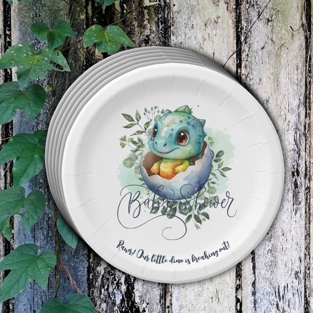 Assiettes En Carton Baby shower Feuille Dinosaur Oeuf Cute Aquarelle (Créateur téléchargé)