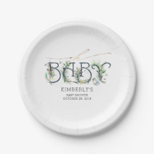 Assiettes En Carton Baby shower Feuille verdoyant et or
