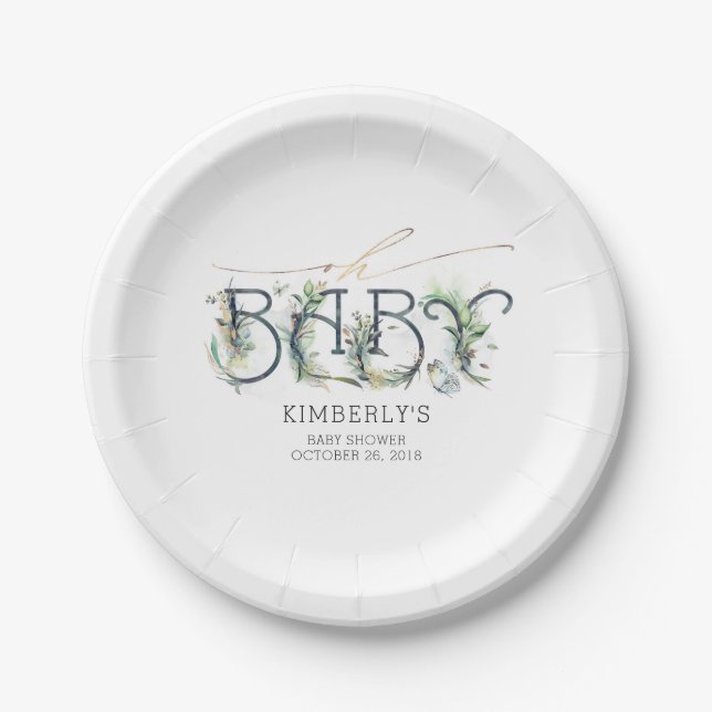 Assiettes En Carton Baby shower Feuille verdoyant et or (Devant)
