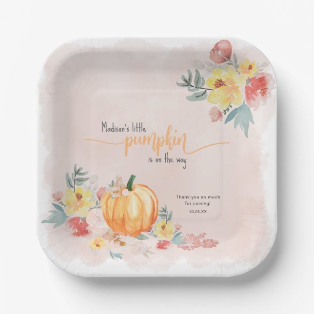 Assiettes En Carton Baby shower fille Citrouille aquarelle (Recto)