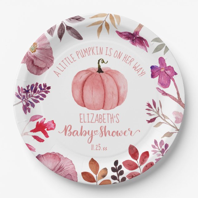 Assiettes En Carton Baby shower fille Citrouille rose et fleurs (Devant)