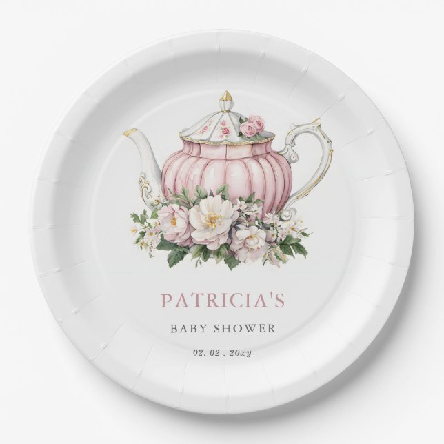 Assiettes En Carton Baby shower Fille de Tea Party rose vif (Devant)