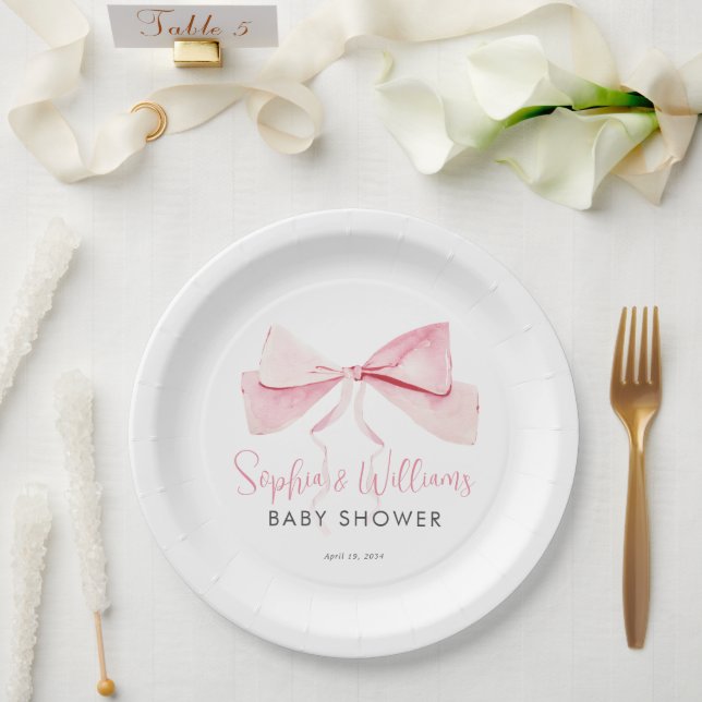 Assiettes En Carton Baby shower fille en ruban rose pâle Aquarelle Bow (Mariage)