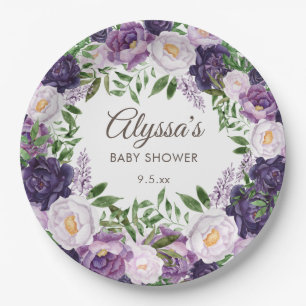 Assiettes En Carton Baby Shower Fille Florale Aquarelle Violette Éléga