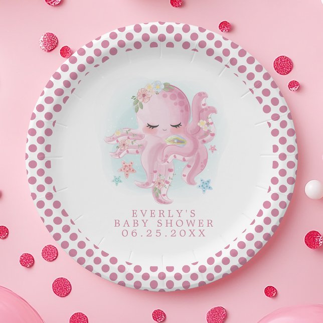 Assiettes En Carton Baby shower fille octopus mignonne rose Aquarelle (Créateur téléchargé)