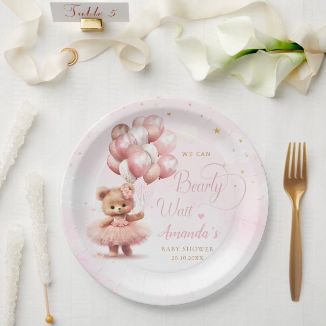 Assiettes En Carton Baby shower Fille Ours Teddy Rose Cute Moderne (Mariage)