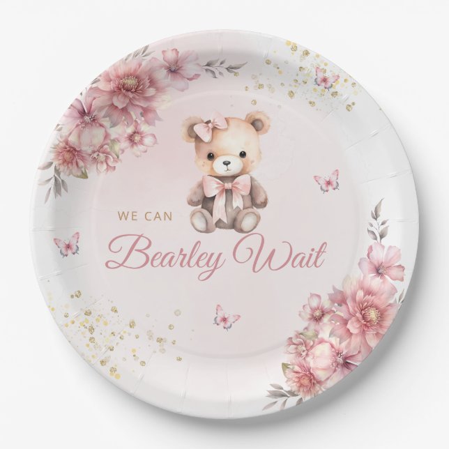 Assiettes En Carton Baby shower Fille Ours Teddy Rose Cute Moderne (Devant)